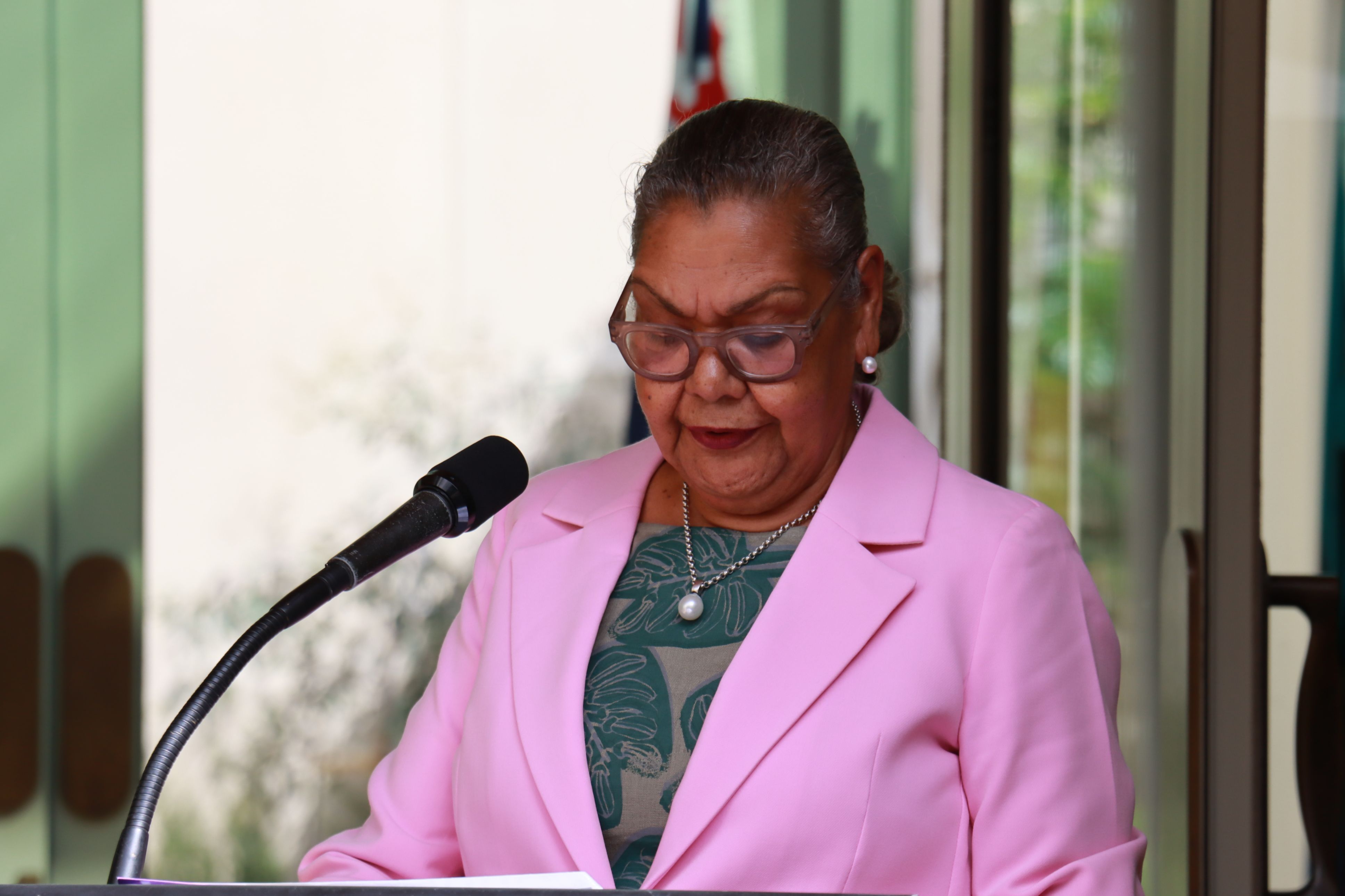 June Oscar AO stands at a lectern delivering a speech. She is wearing a pink blazer over a teal patterned top, with glasses and a pearl necklace. An Australian flag is visible in the background.