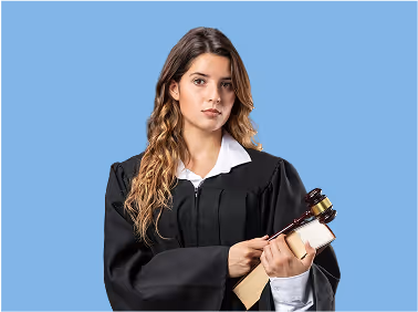 Female lawyer holding a gavel and a book against a blue background