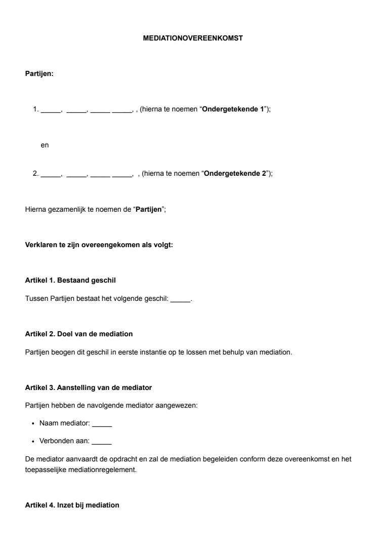 Mediationovereenkomst voorbeeld