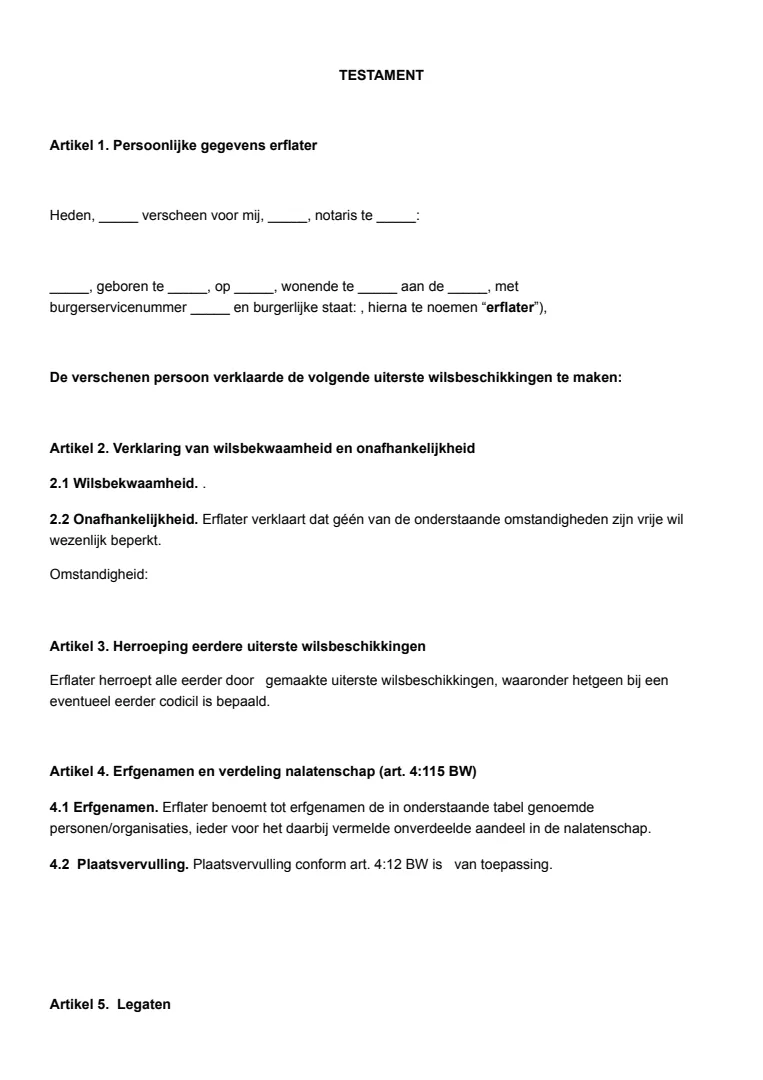Testament voorbeeld