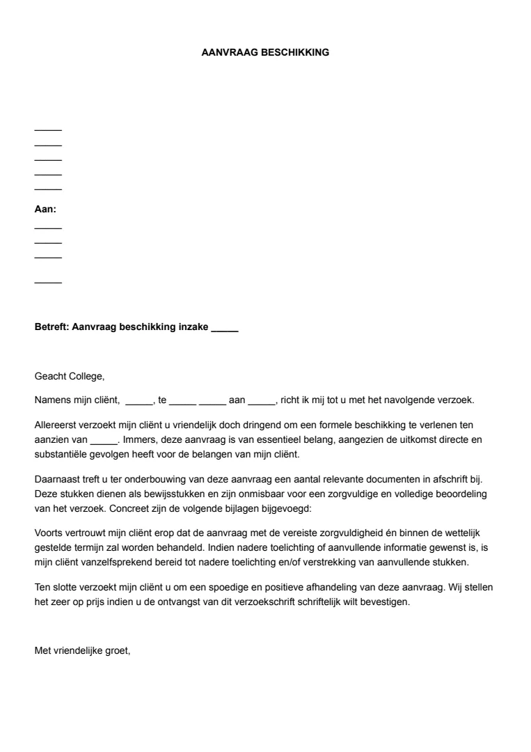 Aanvraag beschikking formeel