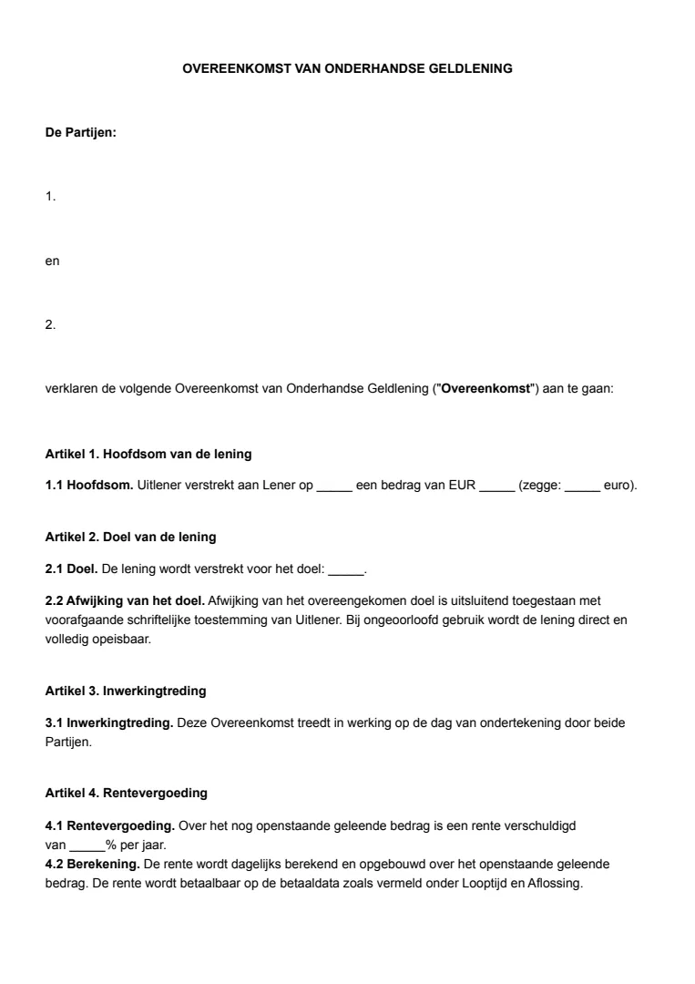 Onderhandse lening voorbeeld