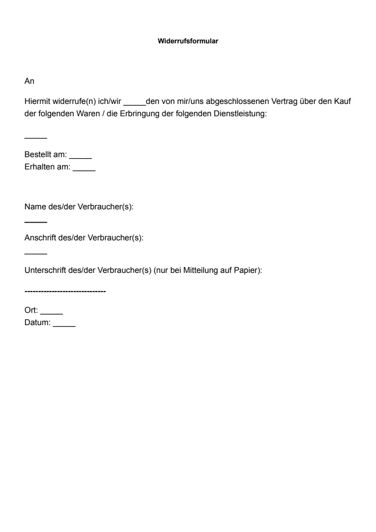 Widerrufsformular – Vorlage und Beispiel
