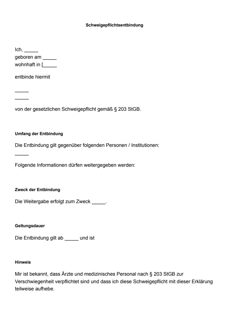 Vorlage und Beispiel für eine Schweigepflichtsentbindung