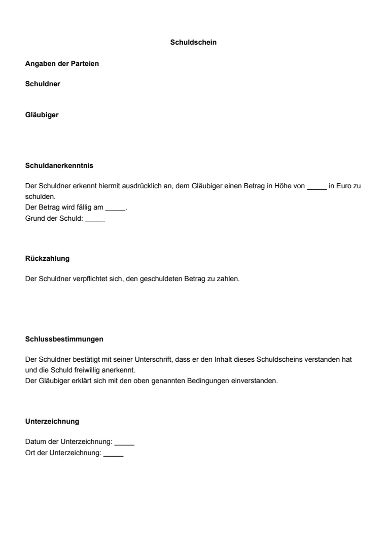 Vorlage und Beispiel für einen Schuldschein