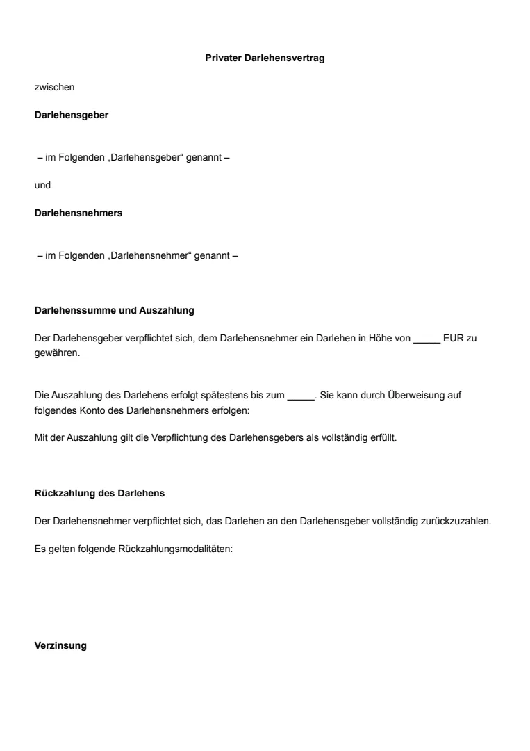 Vorlage und Beispiel für einen privaten Darlehensvertrag