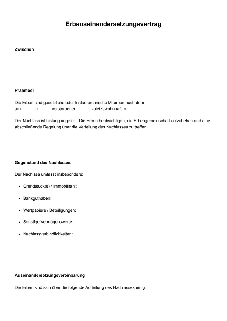 Vorlage und Beispiel für einen Erbauseinandersetzungsvertrag