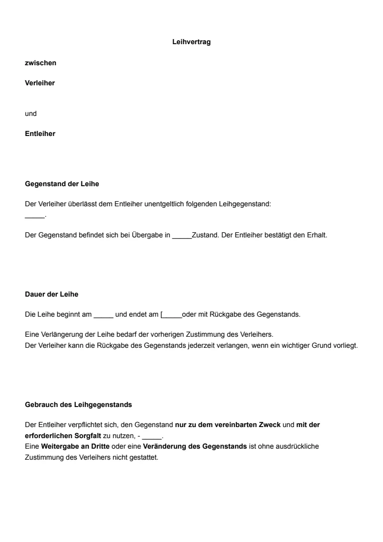 Muster und Beispiel für einen Leihvertrag