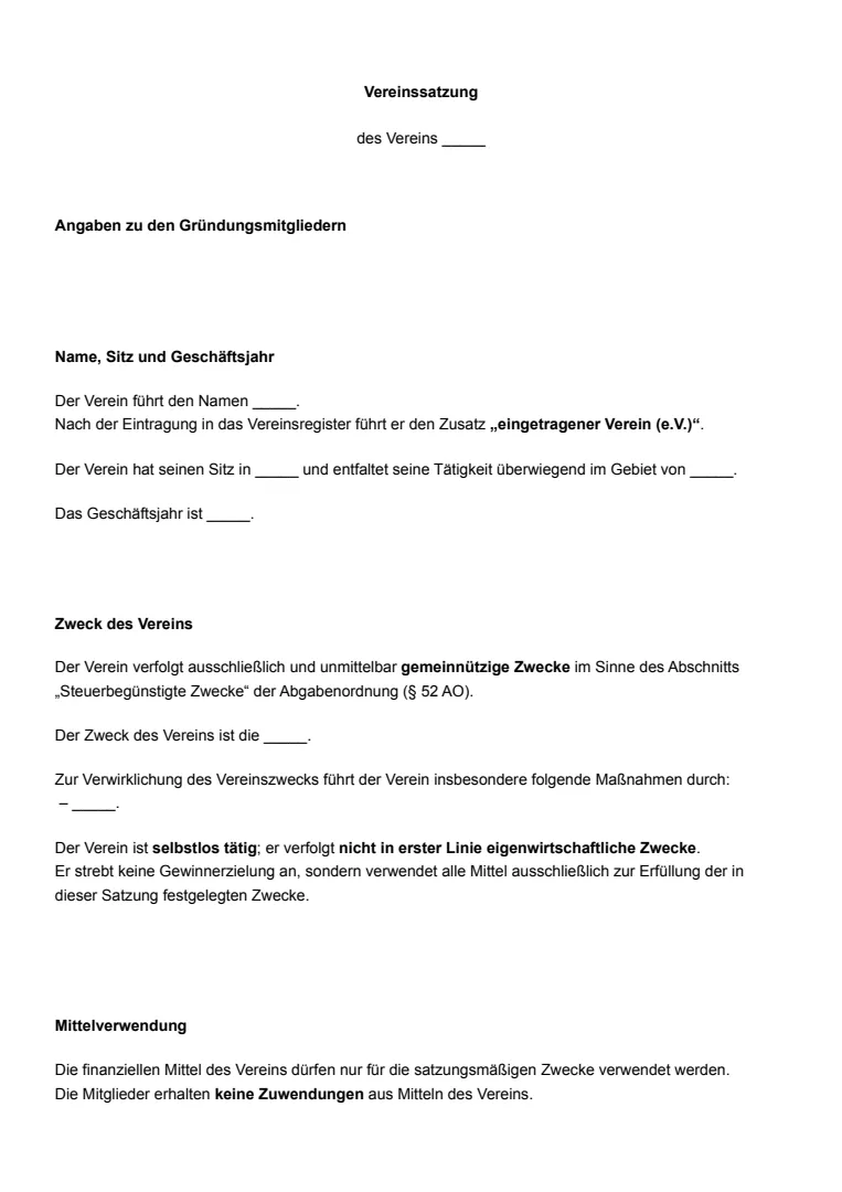 Vorlage und Beispiel für eine Vereinssatzung