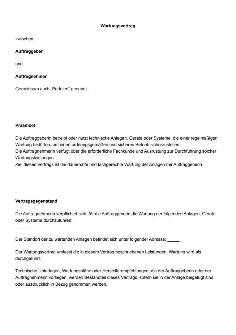 Vorlage und Beispiel für einen Wartungsvertrag
