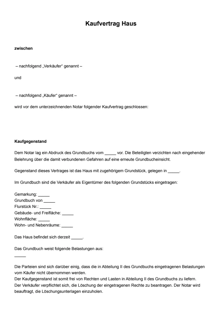 Vorlage und Beispiel für einen Haus-Kaufvertrag