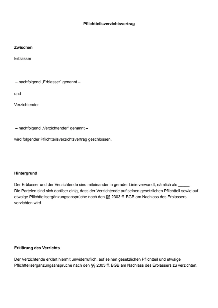 Vorlage für einen Pflichtteilverzichtvertrag bei einer Erbschaft