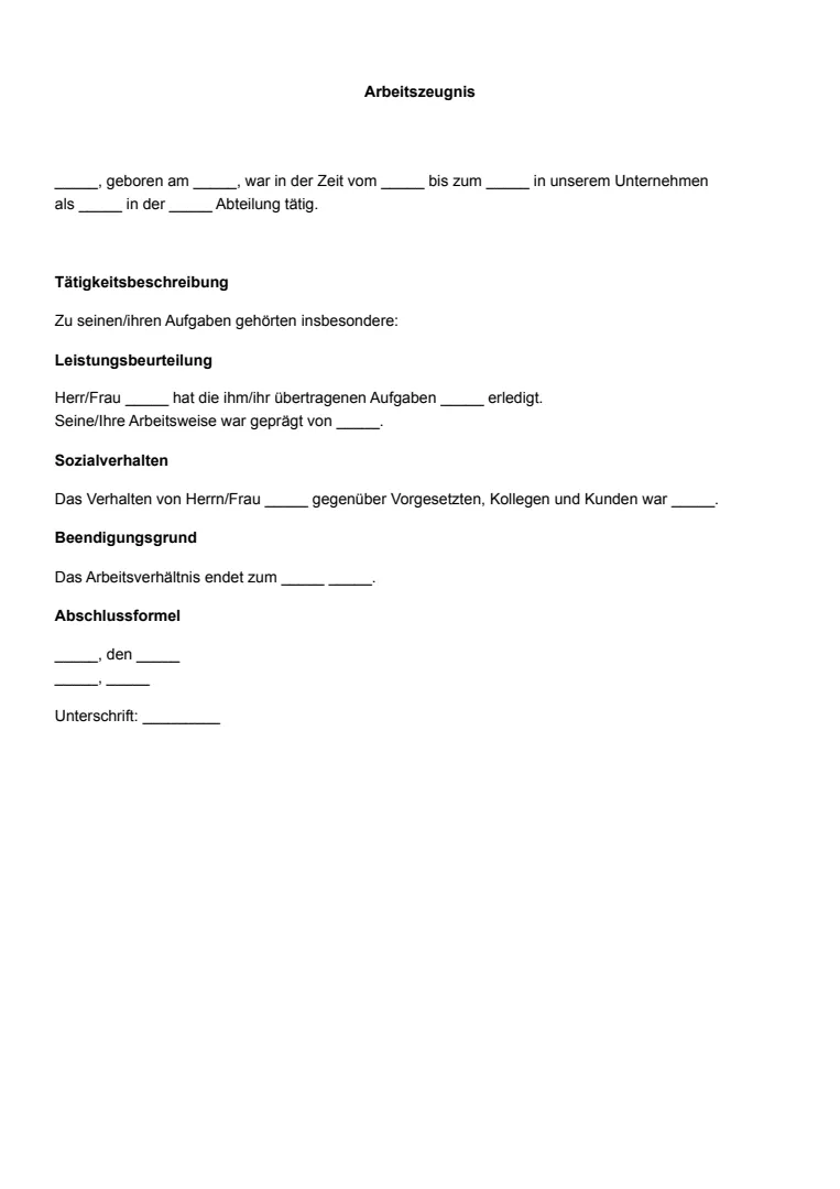 Vorlage und Beispiel für ein Arbeitszeugnis