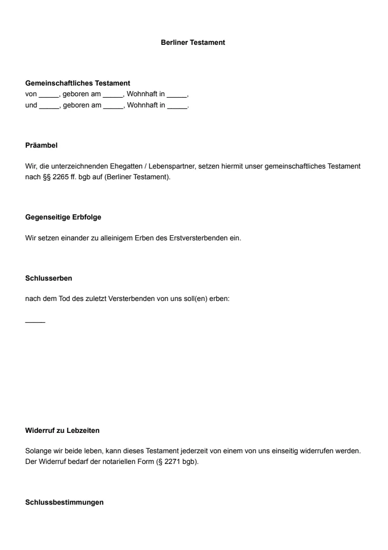 Berliner Testament: Vorlage und Beispiel 