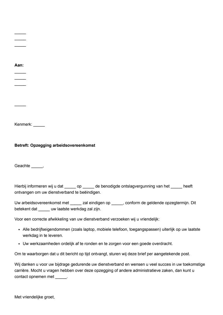 Brief ontslag na ontvangst vergunning voorbeeld