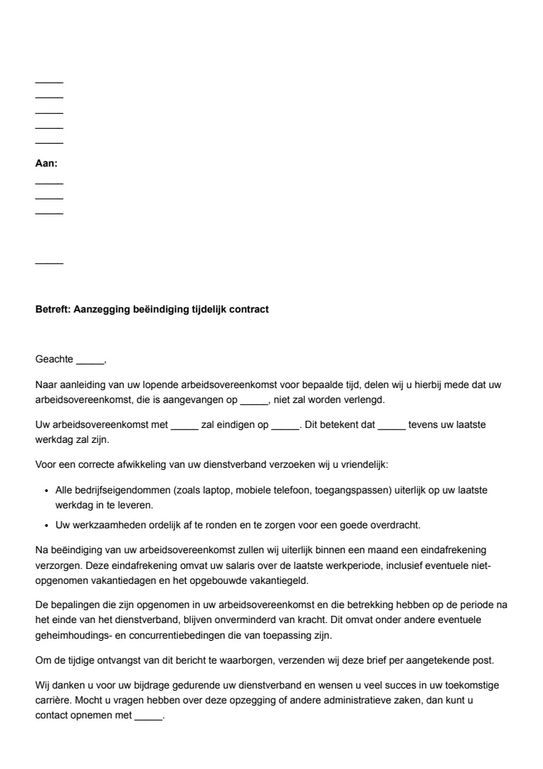 Aanzegbrief tijdelijk contract voorbeeld