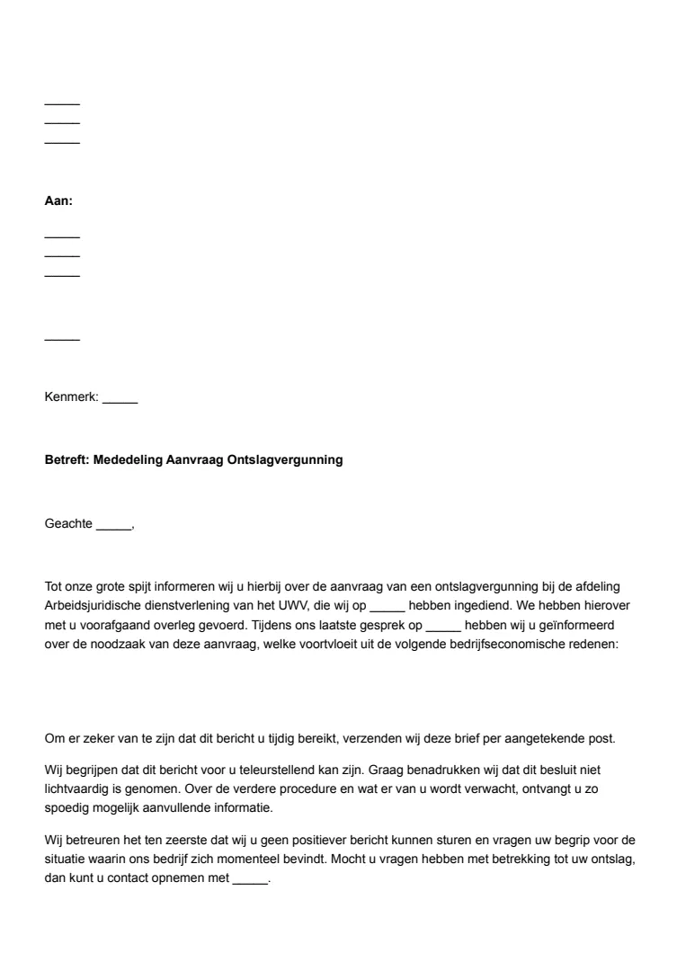 Mededeling aanvraag ontslagvergunning voorbeeld
