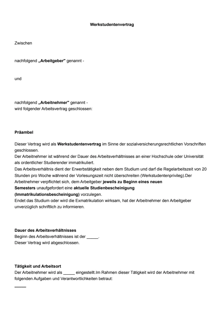 Vorlage und Beispiel für einen Werkstudentenvertrag