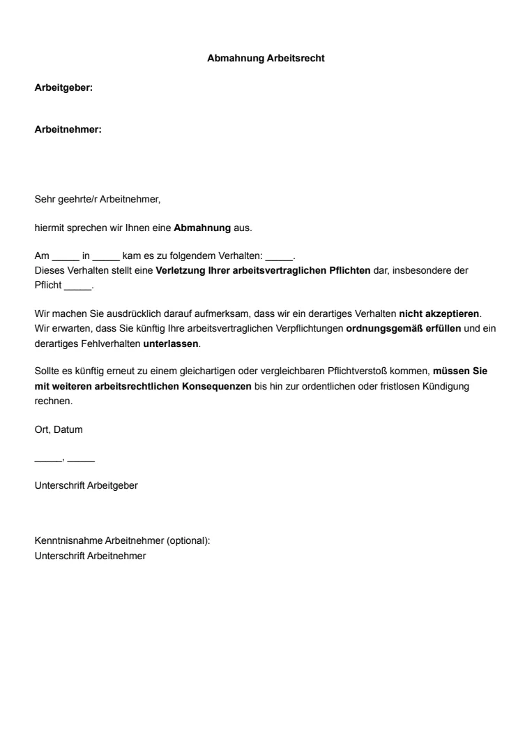 Vorlage und Beispiel für eine Abmahnung gemäß Arbeitsrecht