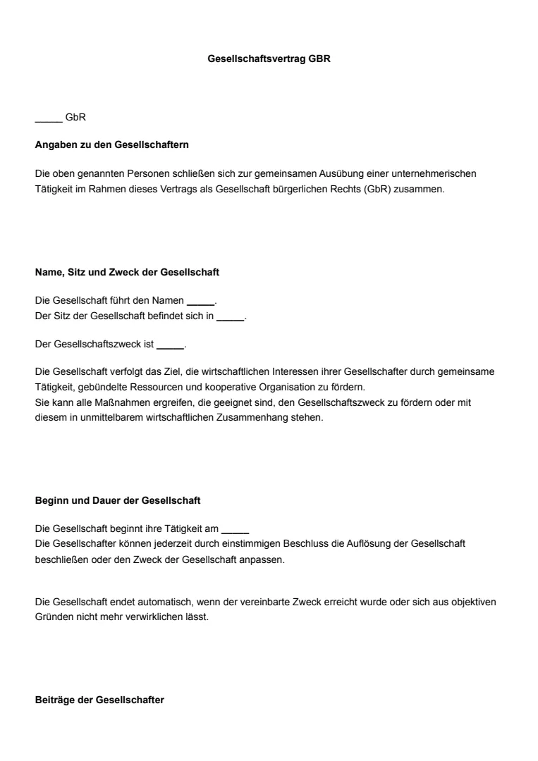 Vorlage und Beispiel für einen Gesellschaftsvertrag GbR
