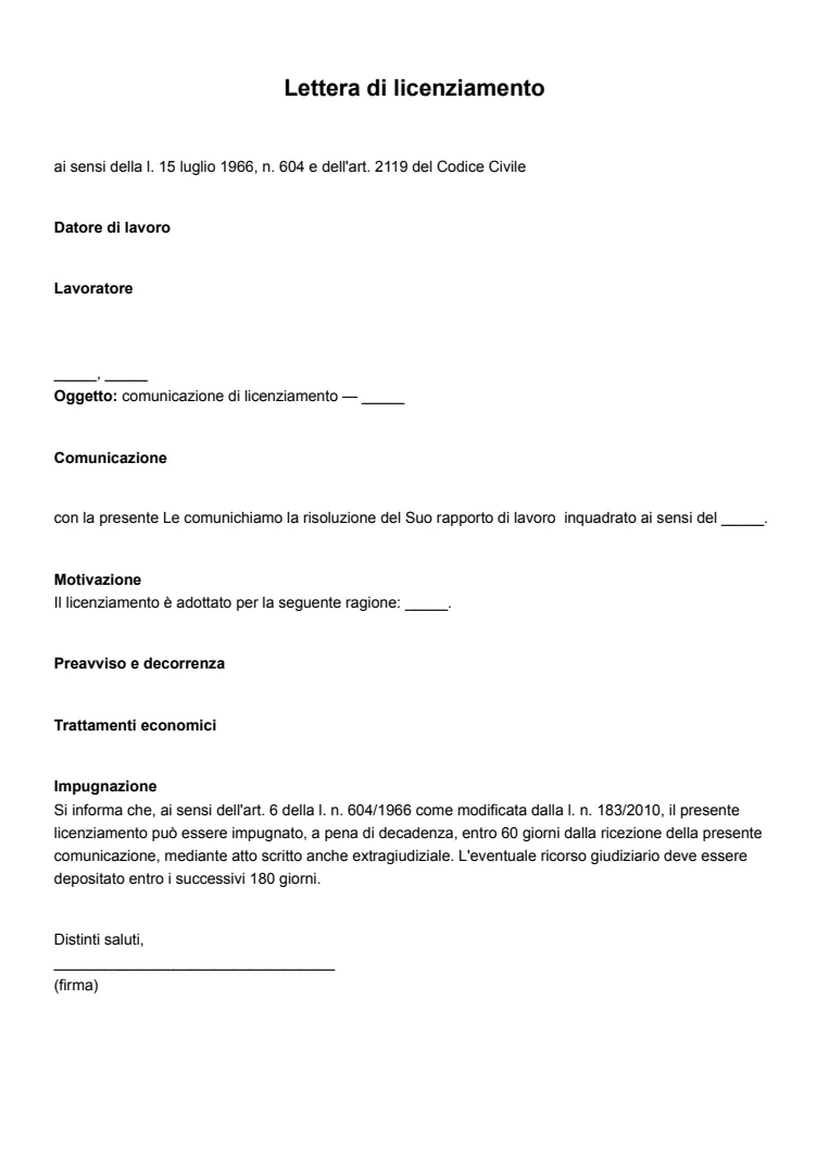 Modello ed esempio di lettera di licenziamento