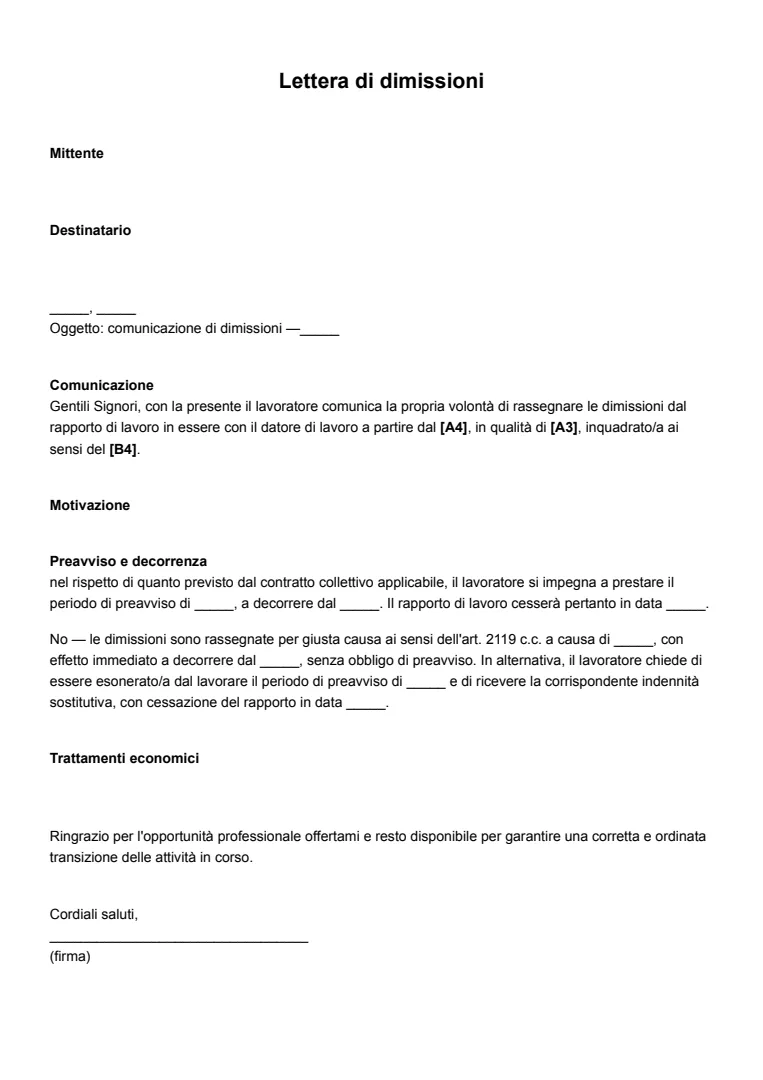 Modello ed esempio di lettera di dimissioni
