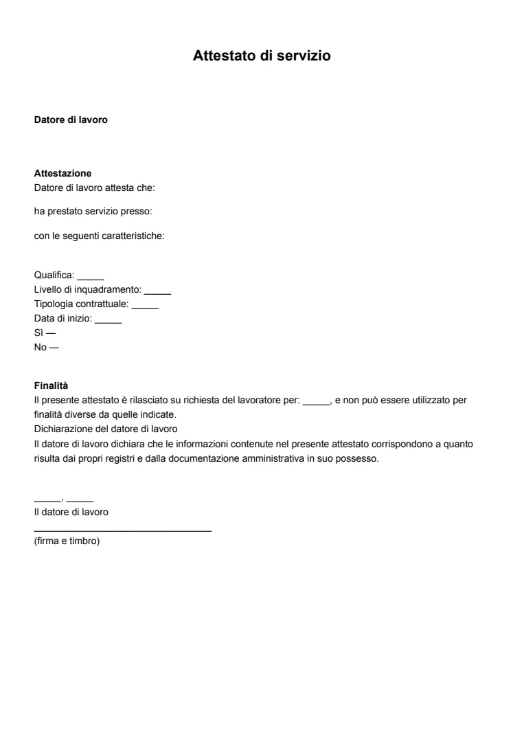 Modello ed esempio di certificato di servizio