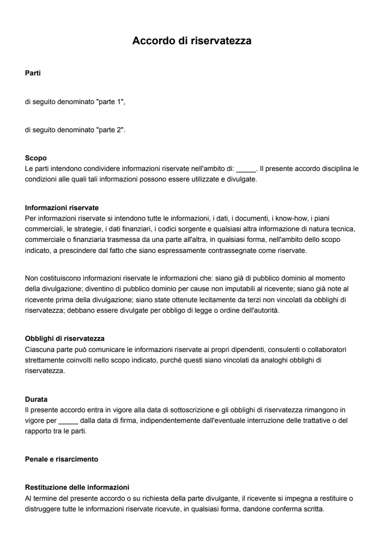 Modello ed esempio di accordo di riservatezza