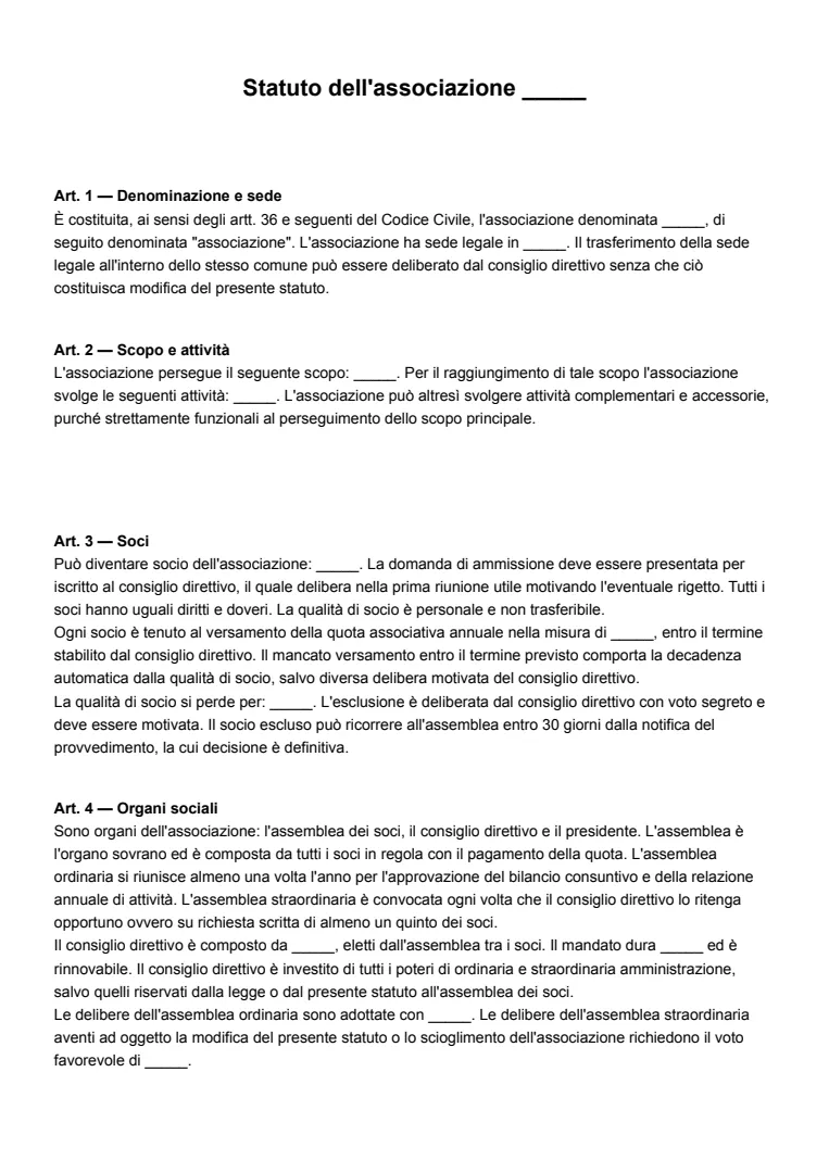 Modello di statuto di associazione ed esempio