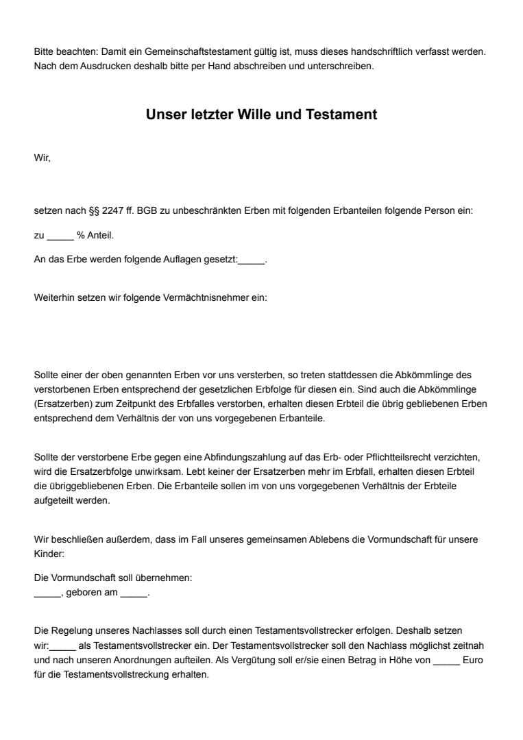 Gemeinschaftstestament: Vorlage, Muster und Leitfaden