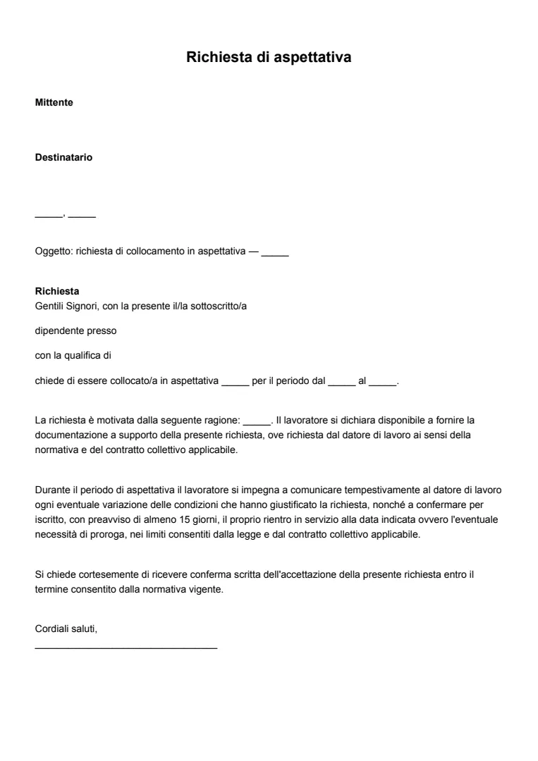 Modello ed esempio di richiesta di aspettativa