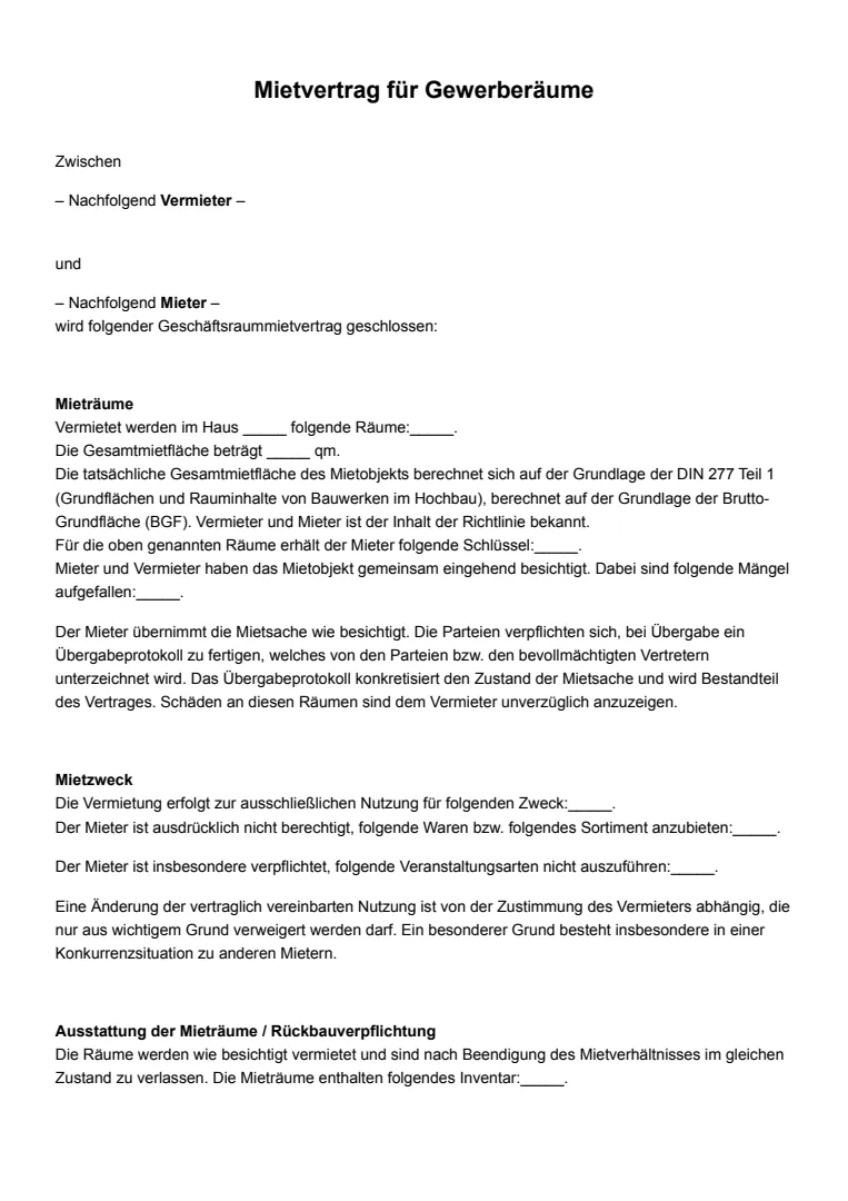 Mietvertrag Gastronomie: Vorlage und Muster