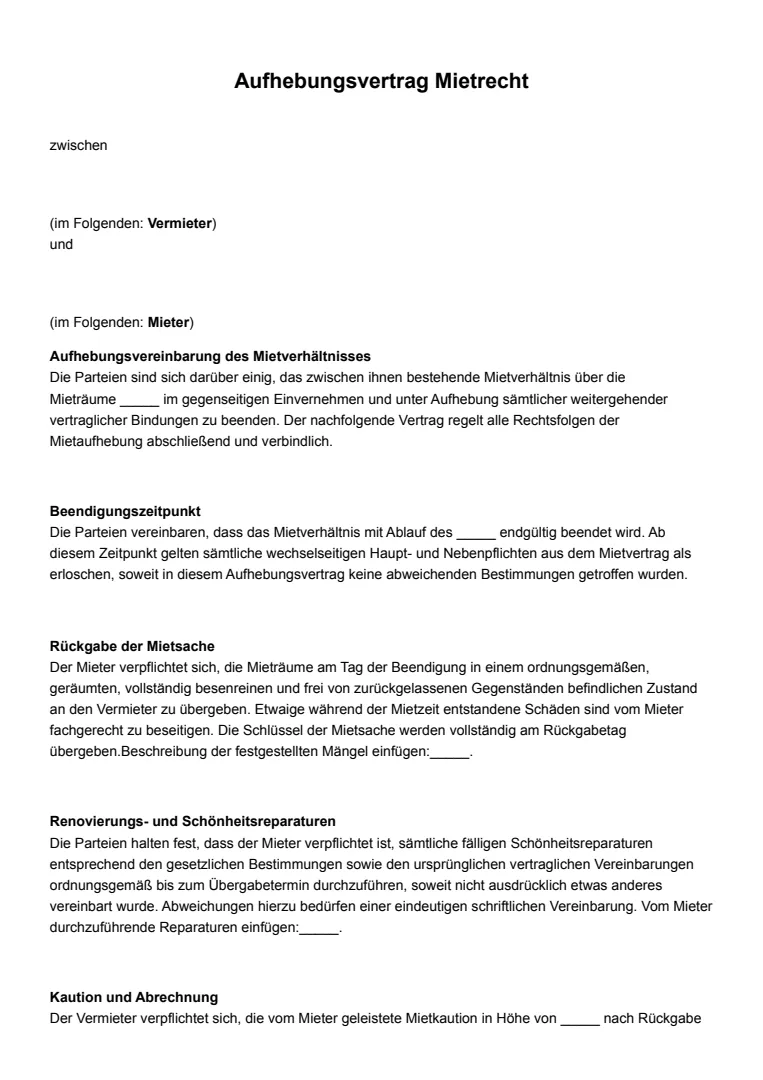 Vorlage und Muster: Aufhebungsvertrag im Mietrecht