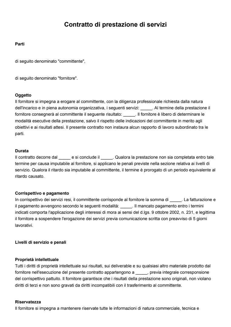 Modello ed esempio di contratto di fornitura di servizi