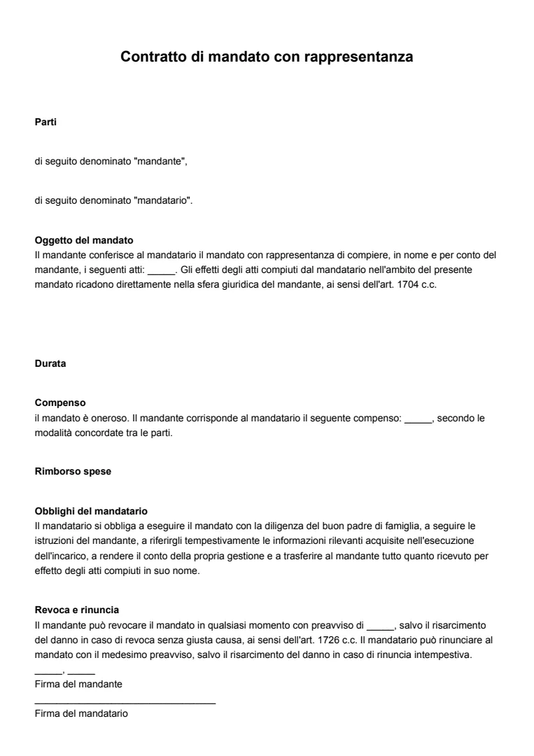 Modello ed esempio di contratto di mandato con rappresentanza