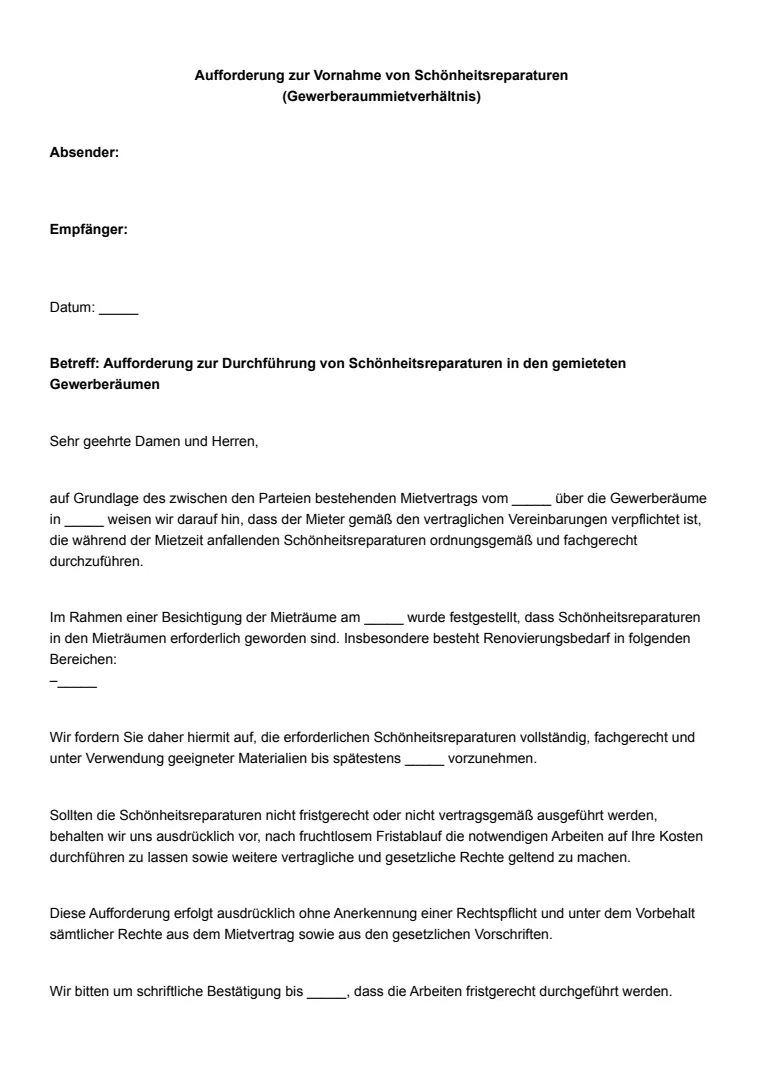 Vorlage und Anleitung für die Aufforderung zur Vornahme von Schönheitsreparaturen bei Gewerberaummiete