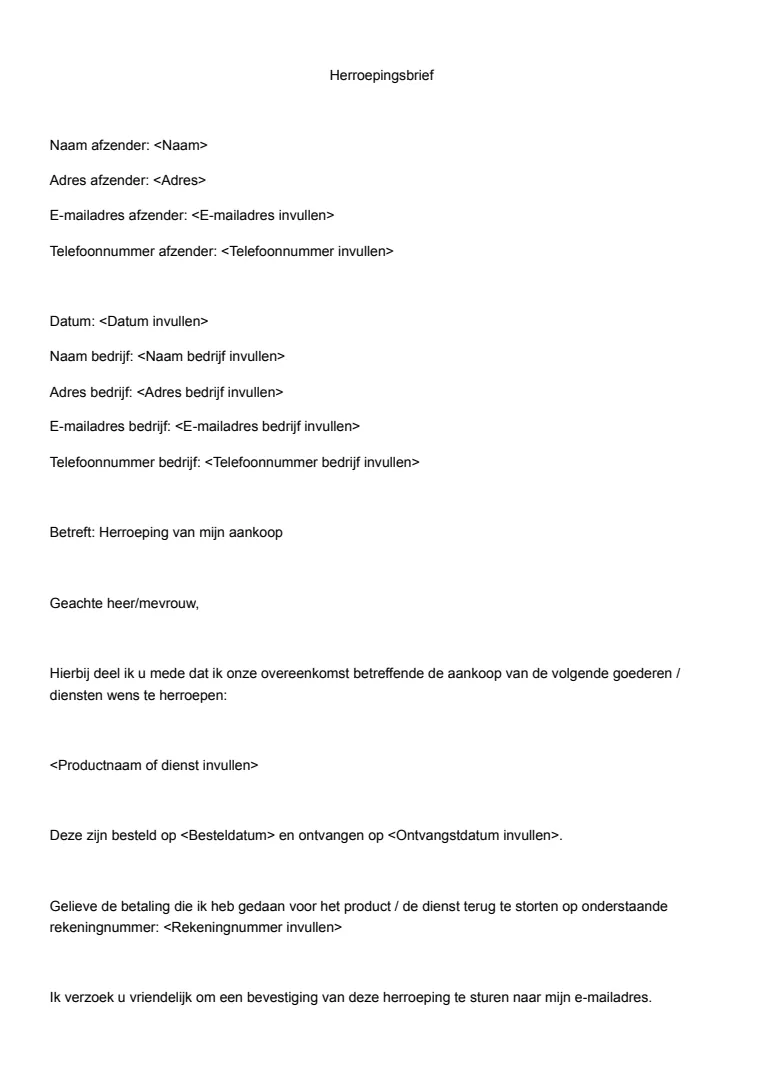 Brief ontbinding koop dienst tijdens bedenktijd herroeping voorbeeld