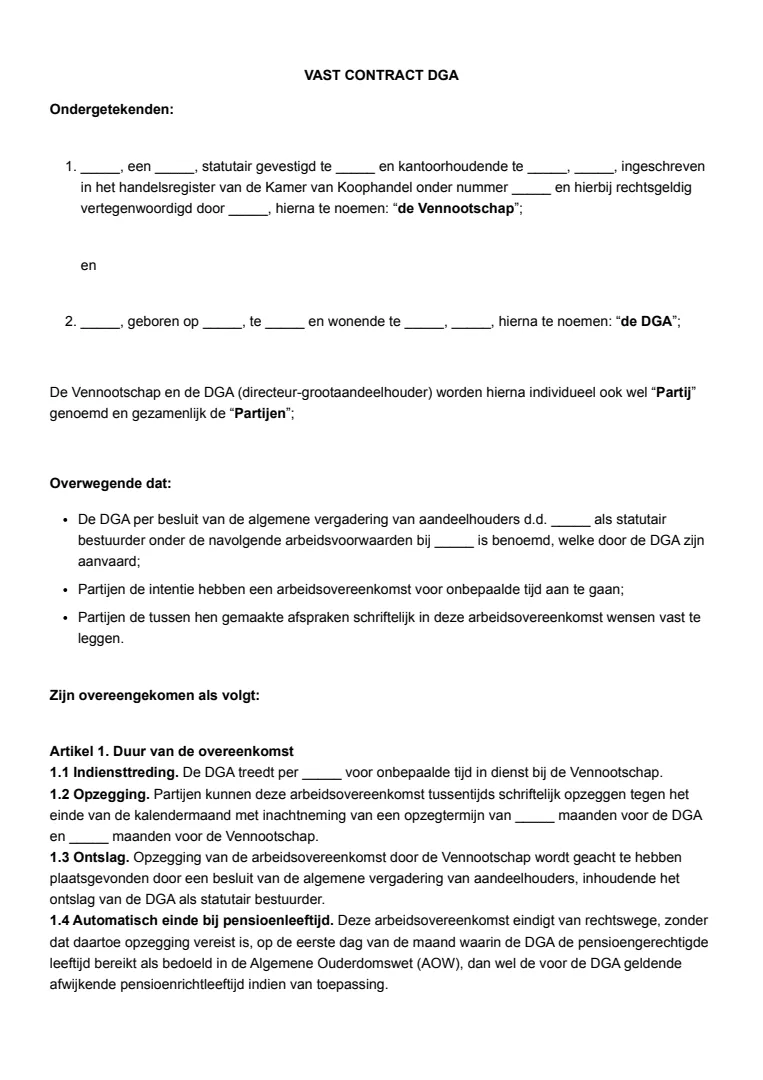 Vast contract DGA voorbeeld