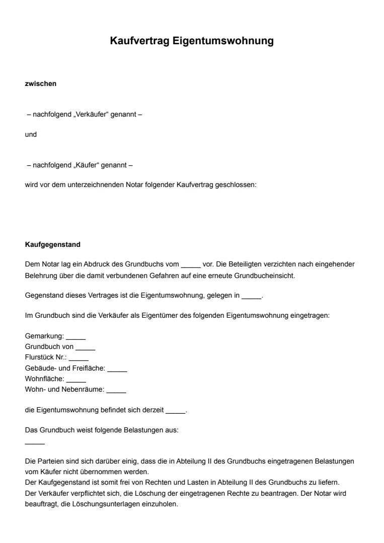 Vorlage und Beispiel eines Kaufvertrags für eine Eigentumswohnung