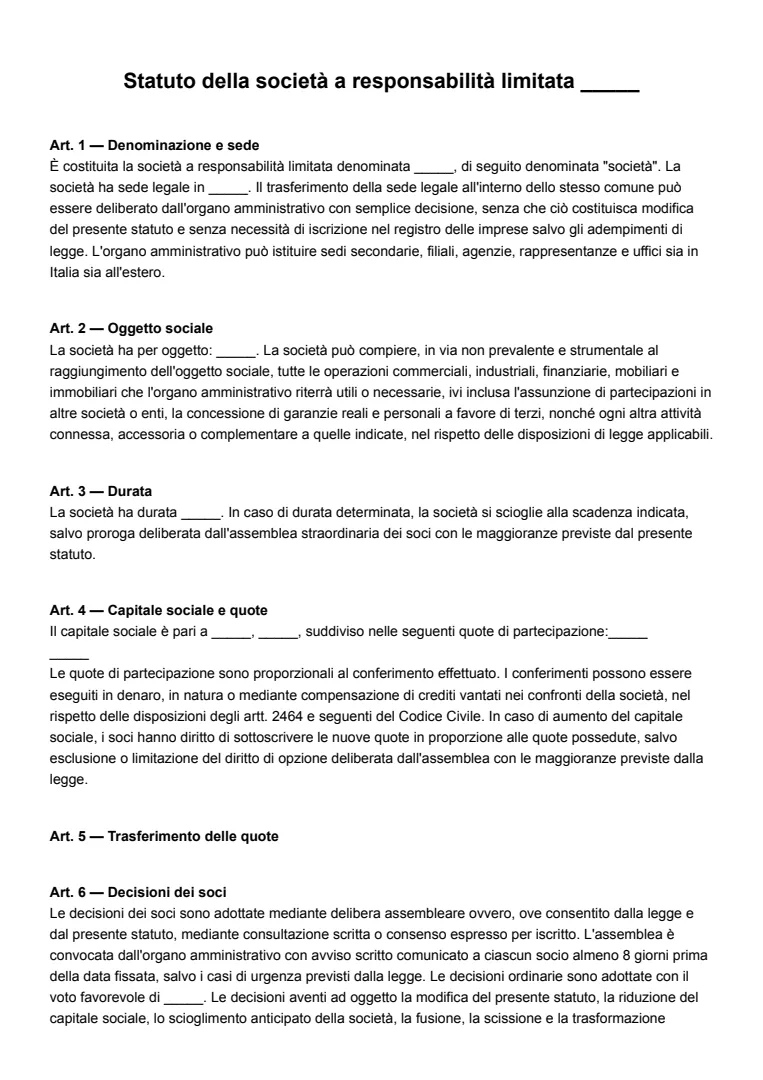 Modello ed esempio di statuto per SRL