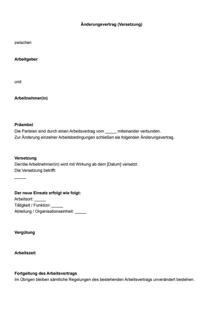 Vorlage und Beispiel für einen Änderungsvertrag bei einer Versetzung im Arbeitsrecht
