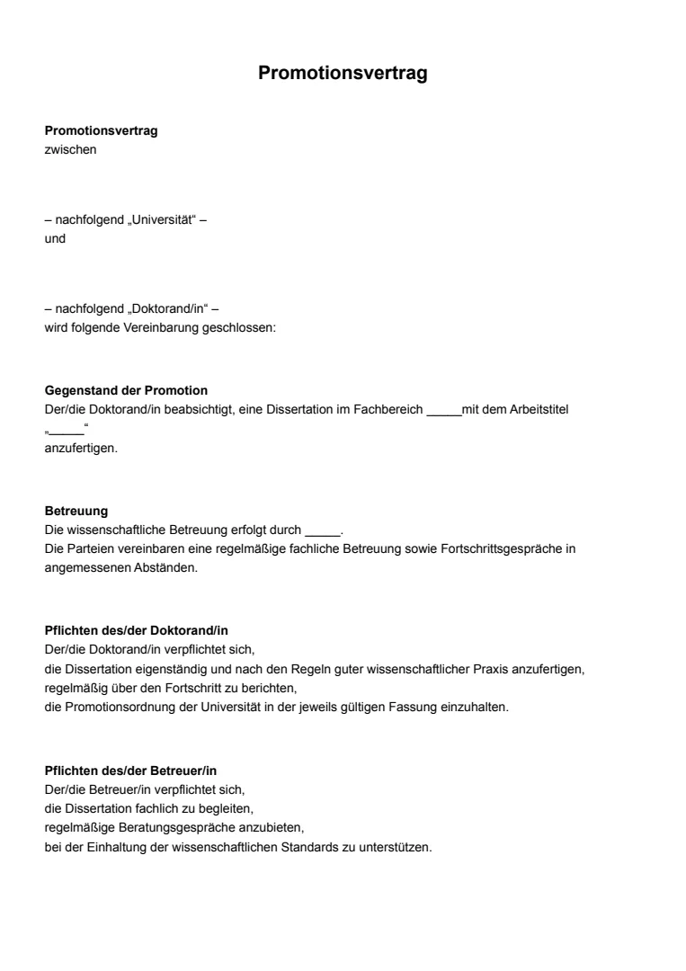 Vorlage und Beispiel für einen Promotionvertrag