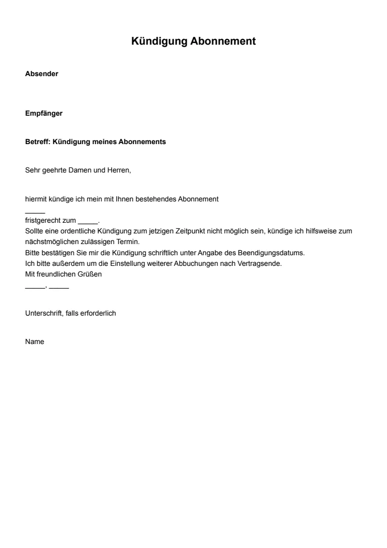 Vorlage und Beispiel für die Kündigung eines Abonnements