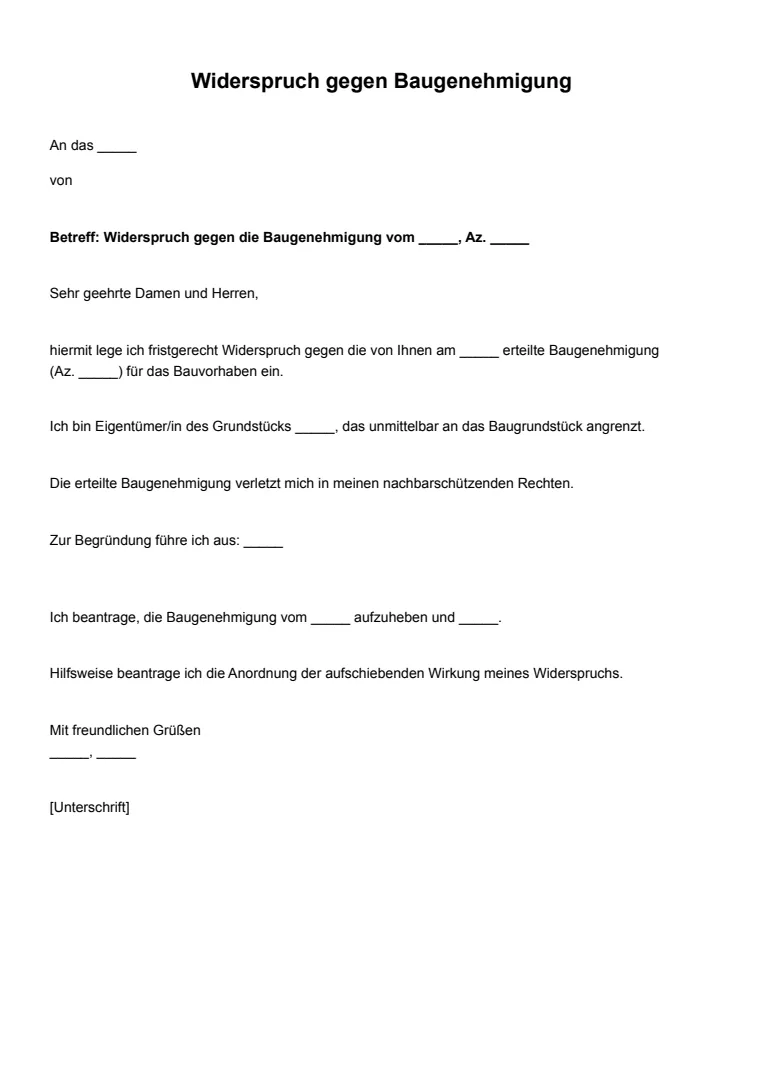 Vorlage und Beispiel für einen Widerspruch gegen eine Baugenehmigung (Baurecht)