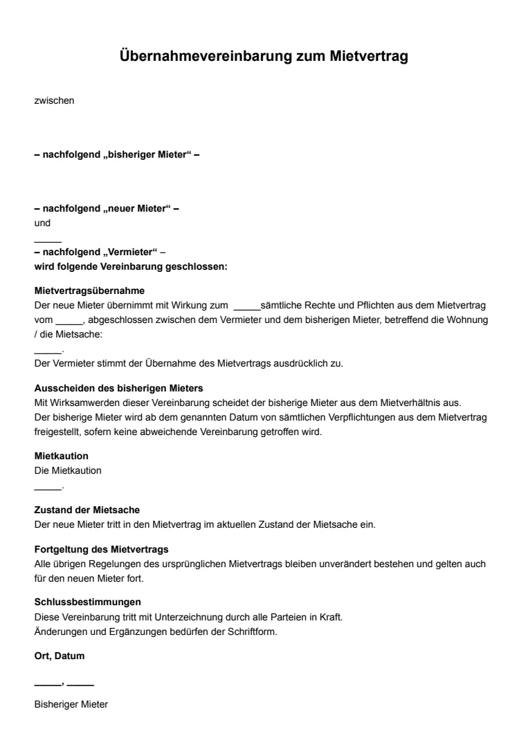 Vorlage und Beispiel für eine Übernahmevereinbarung für einen Mietvertrag