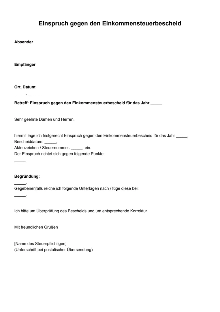 Vorlage und Beispiel für einen Einspruch gegen den Einkommensteuerbescheid