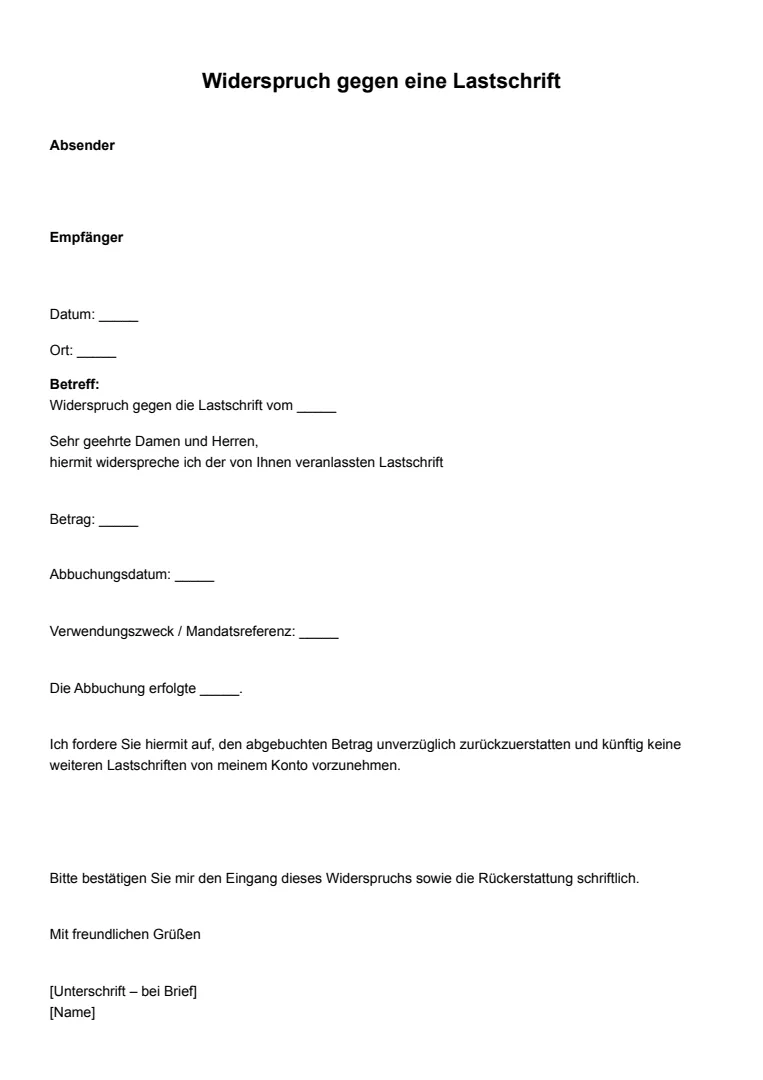 Vorlage und Beispiel für einen Widerspruch gegen eine Lastschrift