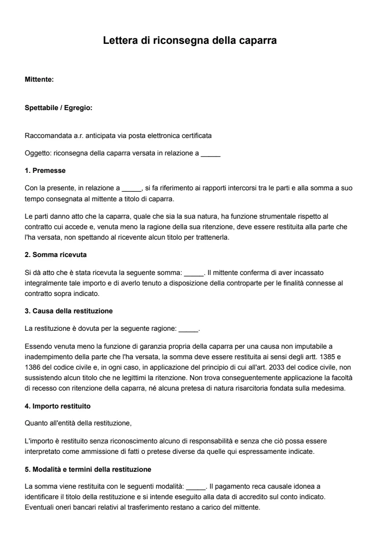 Modello di lettera di riconsegna caparra confirmatoria