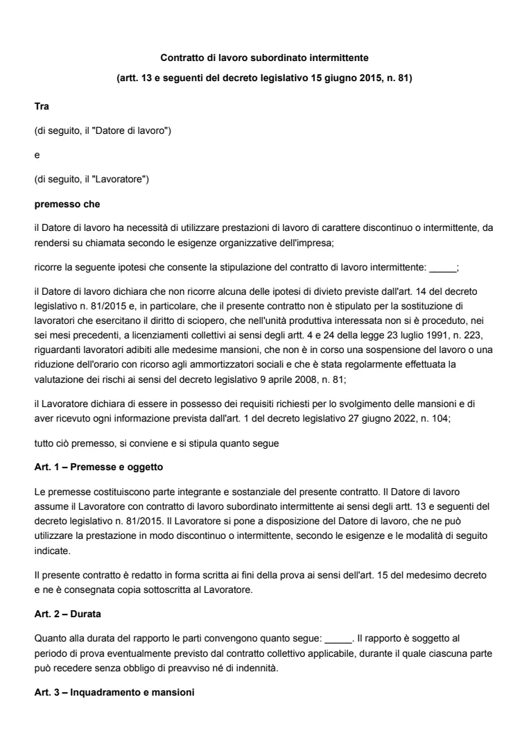Modello di contratto di lavoro intermittente o a chiamata