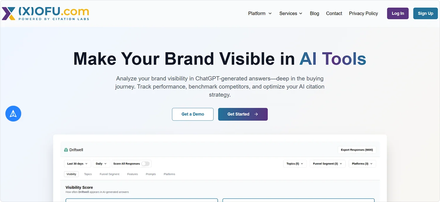 Xiofu.com homepage displaying the headline “Make Your Brand Visible in AI Tools.” The platform analyzes brand visibility in ChatGPT-generated answers, tracks performance, benchmarks competitors, and optimizes AI citation strategies.